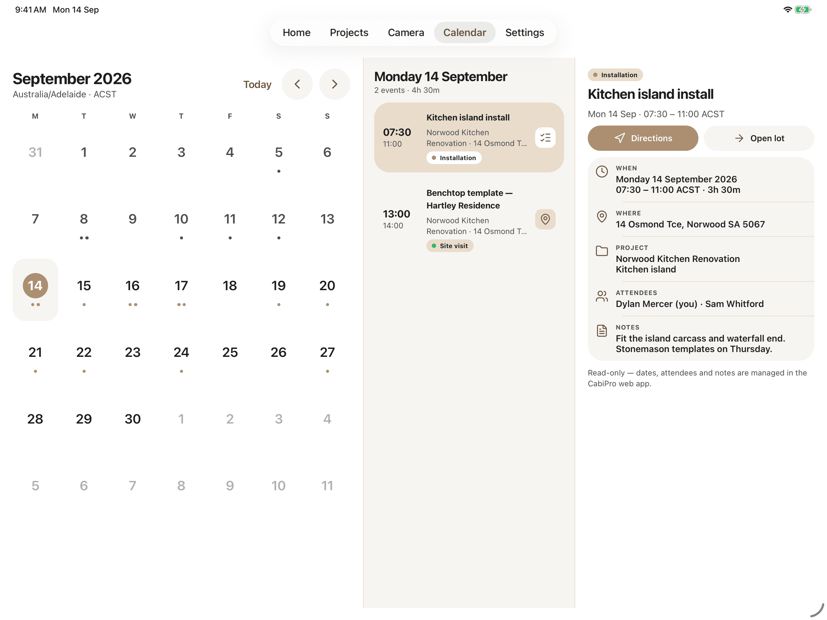 CabiPro on iPad: a September calendar month view beside the day's bookings and the full detail of a kitchen island install.