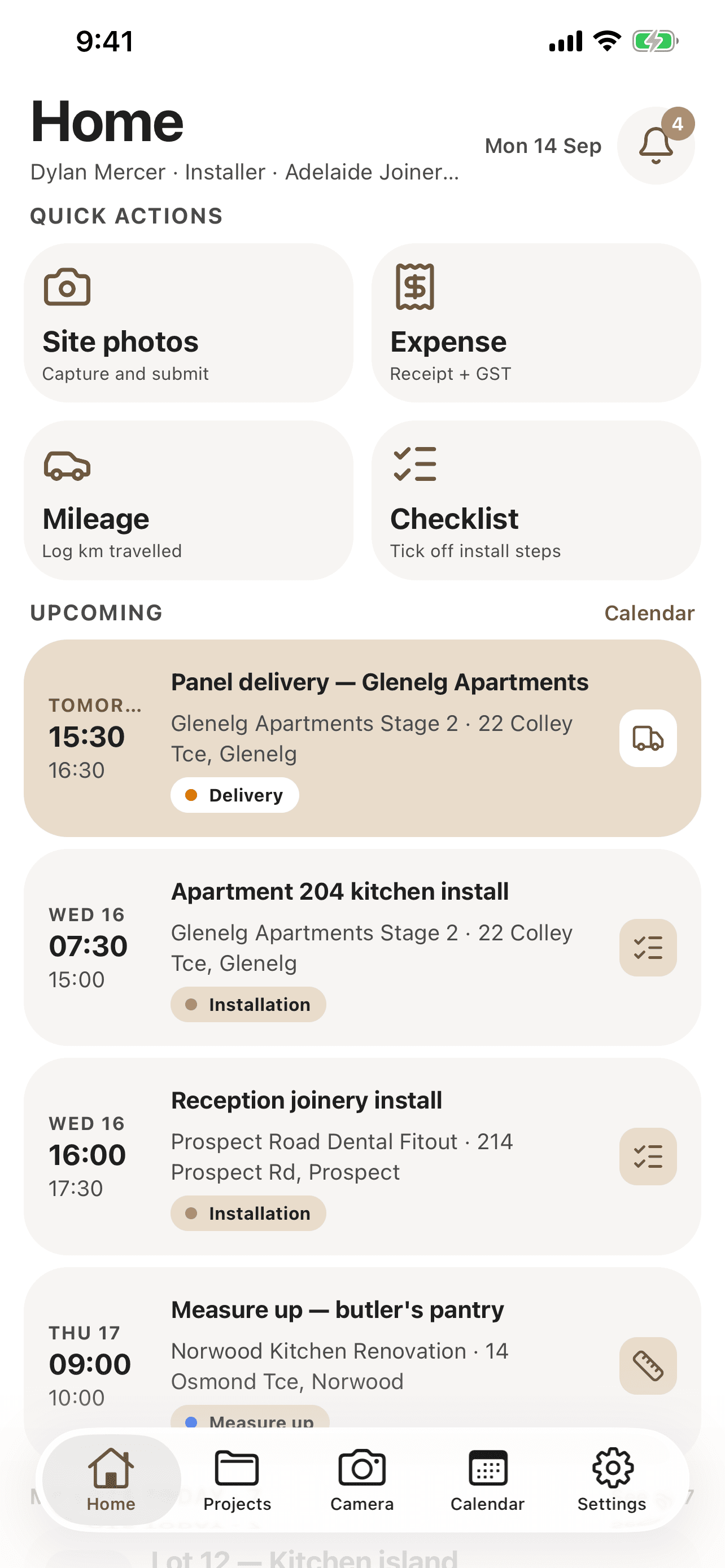 CabiPro Home screen on iPhone: quick actions for site photos, expenses, mileage and checklists, above the installer's upcoming deliveries and installs for the week.